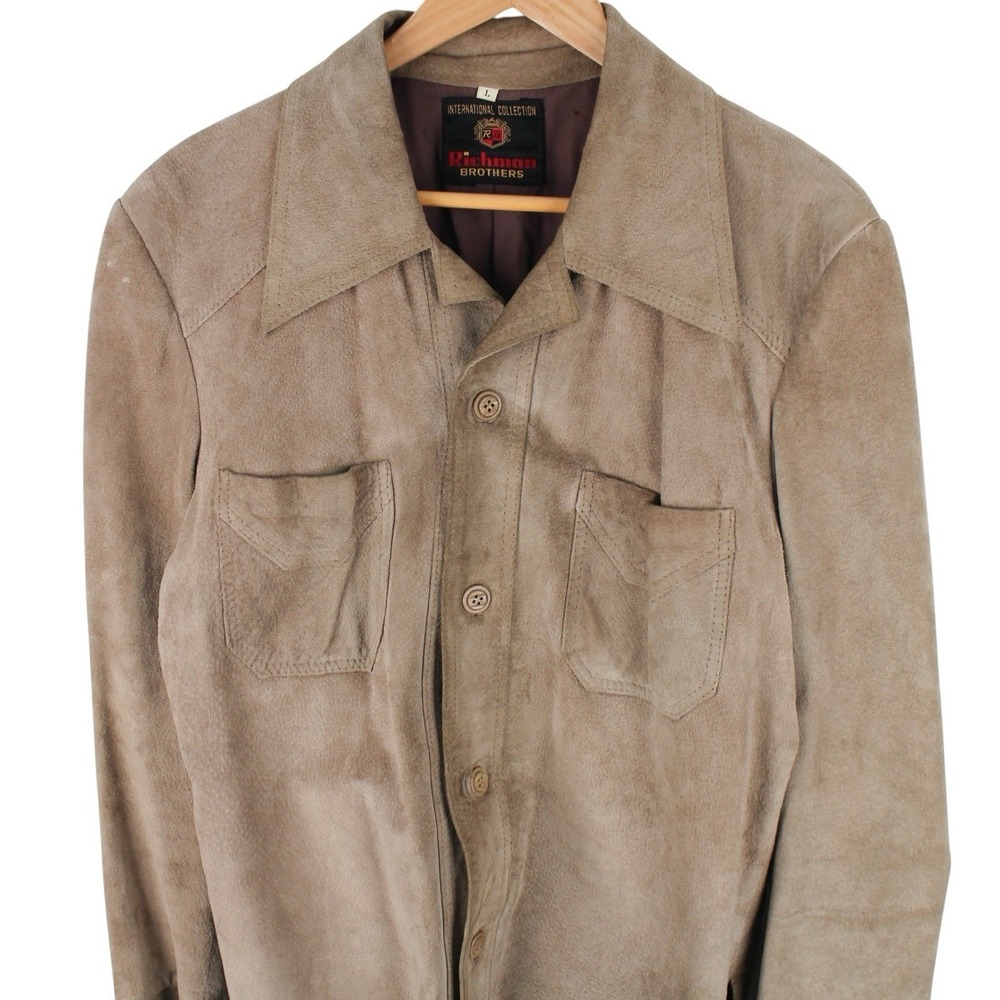 Vintage 70s Suede Leather Shirt Jacket‎ Men's Large Brown Western Button Up - Picture 2 of 5